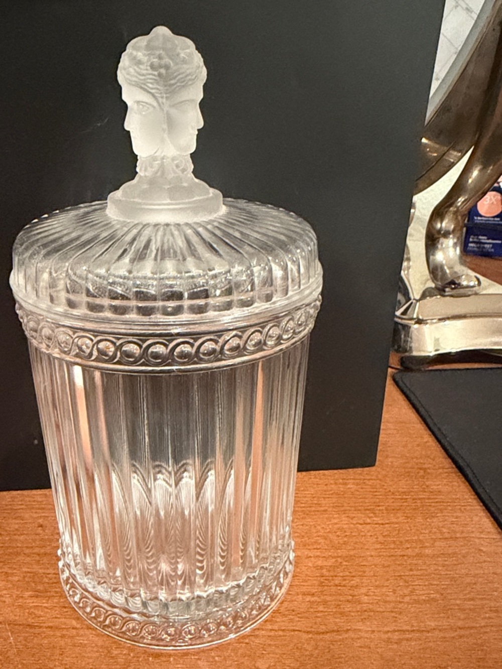 Clear Glass Ribbed Apothecary Jar with Frosted Finial Lid